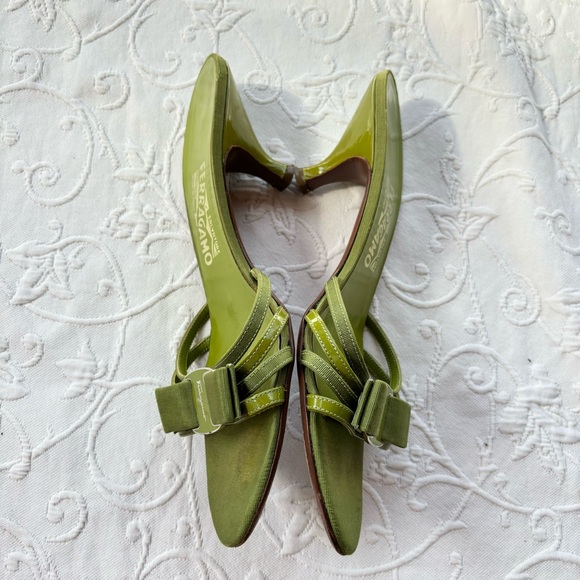 Green Claretta Leather Kitten Heel Sandals by Salvatore Ferragamo Size 9 - Picture 5 of 14